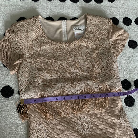 Vintage Maxi Dress Metallic Gold Lace Fringe Mother of the Bride Evening Gown - Picture 14 of 16